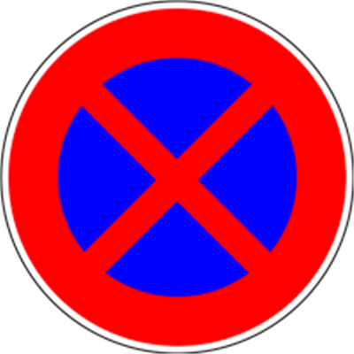 Et cirkulært skilt med en rød kant og en blå cirkel, der har et rødt kryds i midten, der indikerer forbud mod parkering.