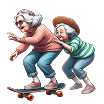 To glade ældre kvinder skateboarder sammen, den ene skubber den anden frem.