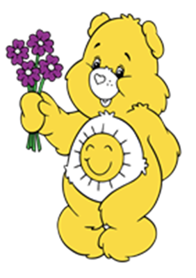 En sød, gul bamse holder en buket lilla blomster og har et smilende solsymbol på maven.