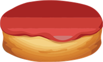 En fristende hindbærsnitte med en glat rød glasur på toppen.