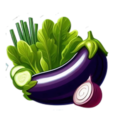 Et udvalg af friske grøntsager, herunder aubergine, agurk, løg og salat.
