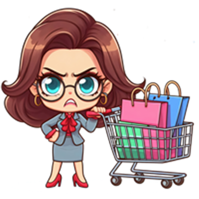 En tegneseriefigur af en kvinde med briller og shoppingvogn, der ser utilfreds ud.
