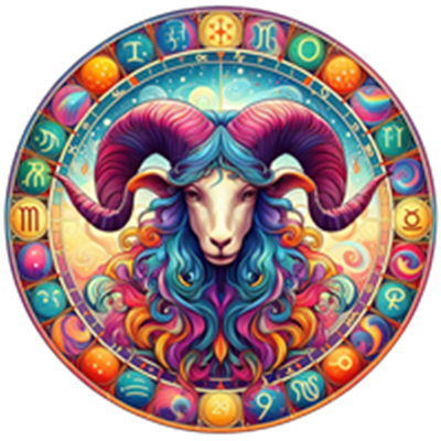 Et farverigt billede af en vædder med en kreativ og psykedelisk stil, omgivet af stjernetegn.