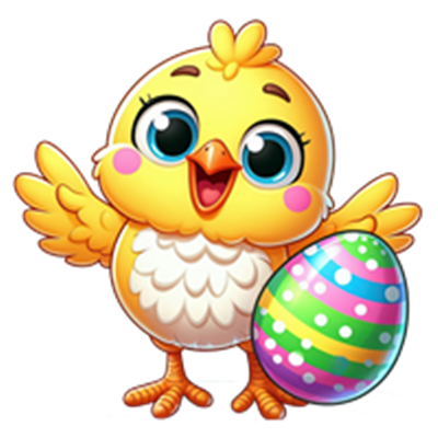 En sød, gul kylling med store øjne, der holder et farverigt påskeæg.