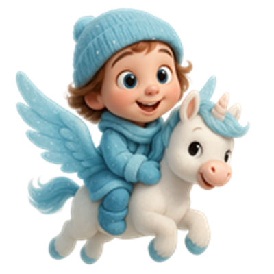 En glad dreng iført en blå hue rider på en hvid enhjørning med vinger.