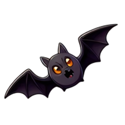 En farverig og sød tegneserieflagermus med store orange øjne og udstrakte vinger.