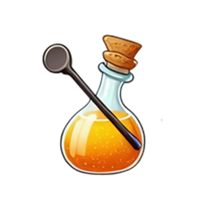 En farverig flaske med en korkprop og en ske til at blande ingredienser.