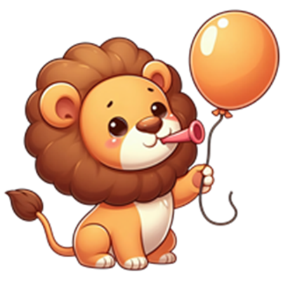 En tegneserieagtig løve, der holder en orange ballon og blæser i en festlyd.