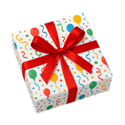 En festlig gave indpakket i farverigt papir med balloner og konfetti, bundet med en rød sløjfe.