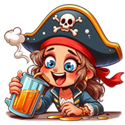 En glad piratpige iført en pirathat og drikker øl, omgivet af guldmønter.