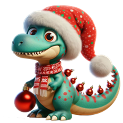 En farverig dinosaur iført en julehat og et tørklæde, der holder en julekugle.