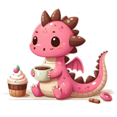 En nuttet pink drage sidder med en kop og en cupcake, omgivet af en legende atmosfære.