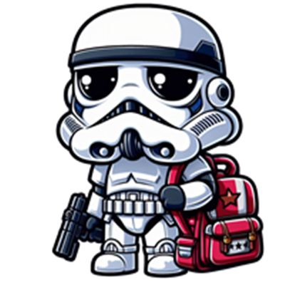 En sød, tegneserieagtig stormtrooper iført en rygsæk og med en pistol.