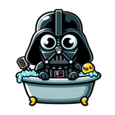 En sød og humoristisk illustration af Darth Vader, der sidder i et badekar med skum og en gummiand.