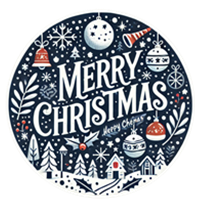 En cirkulær illustration med teksten Merry Christmas og julemotiver som snefnug, ornamenter og hus.