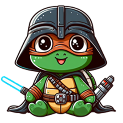 En sød skildpadde iført en Darth Vader-hjelm og Jedi-udstyr, der holder en lysaber.
