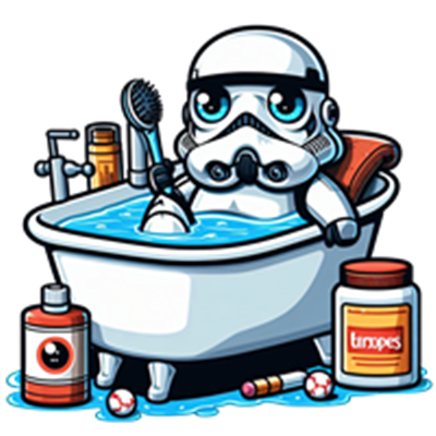 En sød illustration af en stormtrooper, der slapper af i et badekar med skum og skønhedsprodukter.