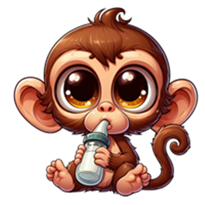 En sød, tegnet abe med store øjne, der sidder og drikker fra en sutteflaske.