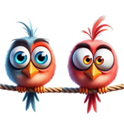 To søde, farverige fugle, en blå og en rød, sidder på en snor med store øjne.