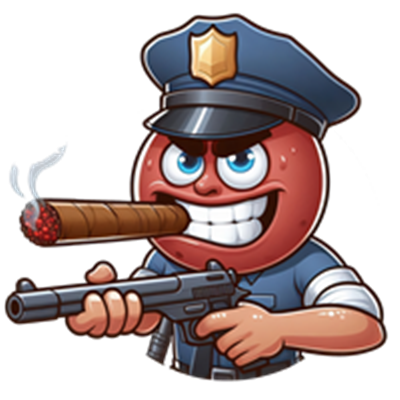 En tegneserieagtig figur af en politibetjent med en cigar og en pistol, der ser selvsikker ud.