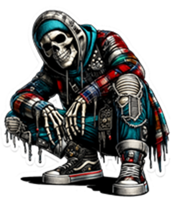 Et grafisk billede af en skeletfigur i streetwear, der sidder ned med en cool attitude.