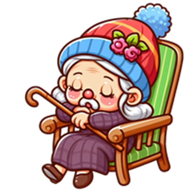 En sød, tegneserieagtig bedstemor, der sover i en stol iført en farverig hat.