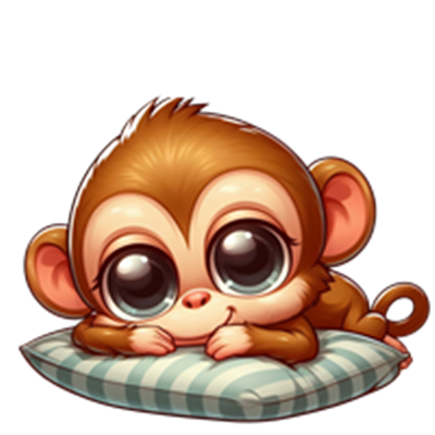 En nuttet, tegneserieagtig abe ligger på en pude med store, udtryksfulde øjne.