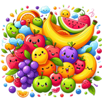 Et livligt og farverigt billede af forskellige frugter med glade ansigtstræk.