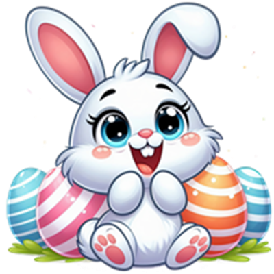 En glad, tegneserieagtig påskehare sidder foran farverige påskeæg.