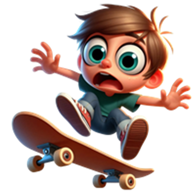 En ung dreng med store øjne og en overrasket mine, der skater på et skateboard.