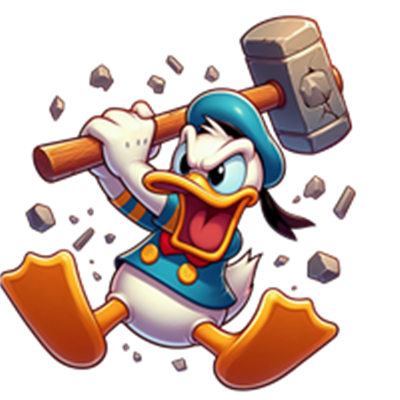 Donald Duck står med en hammer og ser vred ud, omgivet af klippede sten.