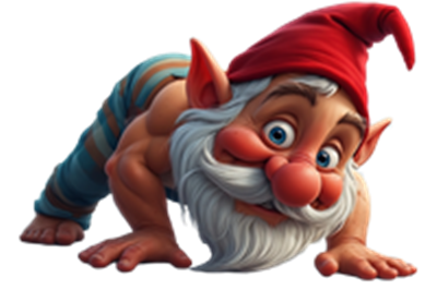 En farverig gnom i en rød hat, der kravler med et smil på ansigtet.