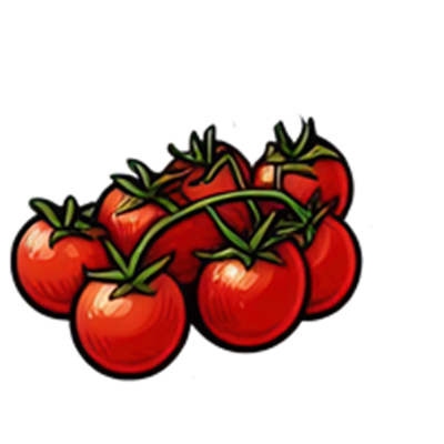 Et bundt af røde tomater med grønne stilke, illustreret i en farverig stil.