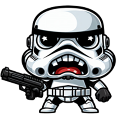 En sød og cartoonish version af en stormtrooper, der holder en pistol.