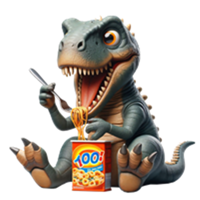 En tegnet dinosaur, der spiser pasta fra en skål, med et muntert udtryk.