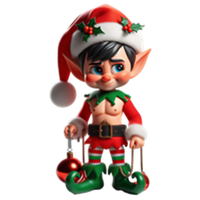 En sød, muskuløs juleelv iført en rød og grøn dragt med en julesok og ornamenter.