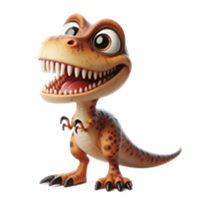 En farverig og venlig dinosaur med et stort smil og karakteristiske træk.