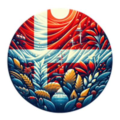 Et cirkulært billede med en kreativ fortolkning af det danske flag omgivet af farverige planter og landskabselementer.