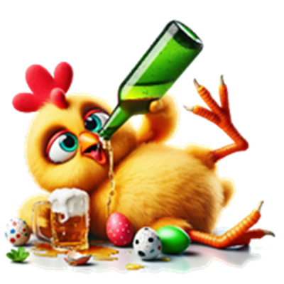 En farverig og sjov kylling, der hælder en drink, omgivet af påskeæg og øl.