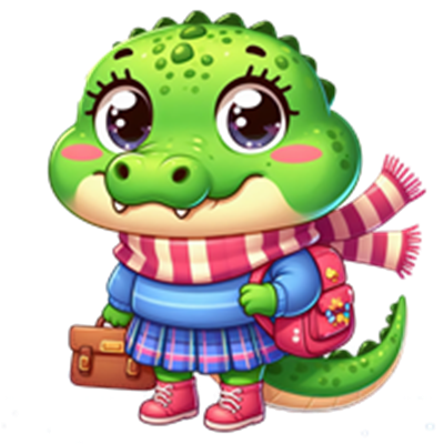 En farverig og nuttet krokodillekarakter iført en stribet tørklæde, skoleuniform og med en taske.