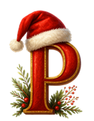 Et stort, rødt bogstav P iført en julestråhat, omkranset af julegrønt.