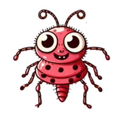 En farverig og venlig tegneserieinsektskarakter med store øjne og smil.