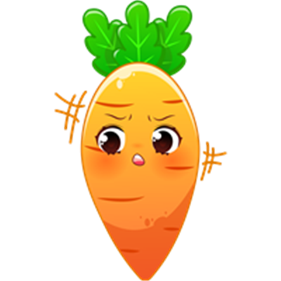 En farverig, antropomorf gulerod med store øjne og et bekymret udtryk.