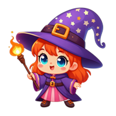 En farverig, tegneserieagtig heks med rødligt hår, iført en lila kappe og hat, der holder en lysende tryllestav.