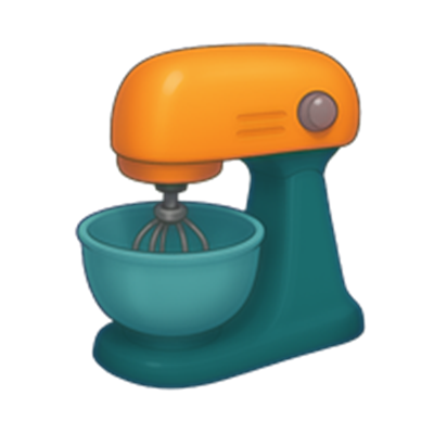 En moderne elektrisk køkkenmaskine med en orange top og en teal skål.