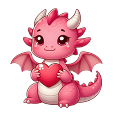 En charmerende pink drage med små vinger, der holder et hjerte.