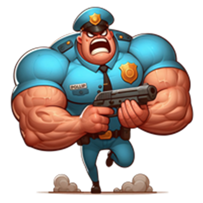 En tegneserieagtig politibetjent med store muskler, iført blå uniform og med en pistol.