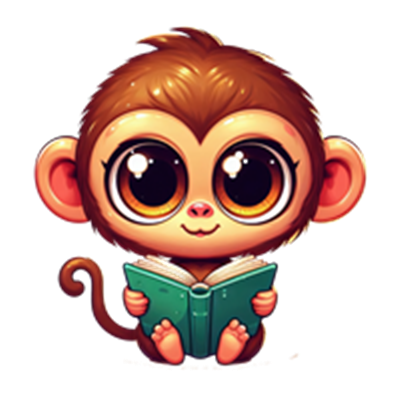 En sød, tegneserieagtig abe med store øjne, der læser en bog.