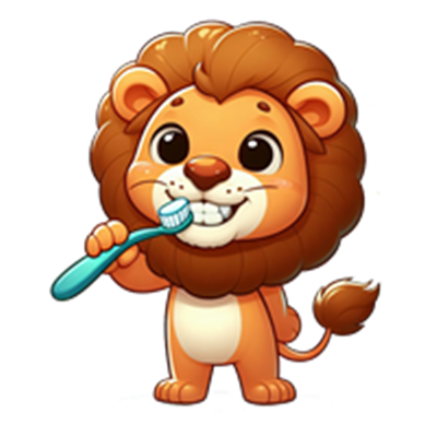 En farverig og venlig tegnet løve, der børster sine tænder med en tandbørste.