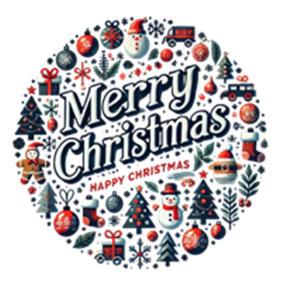 En festlig cirkulær dekoration med julemotiver og teksten Merry Christmas.